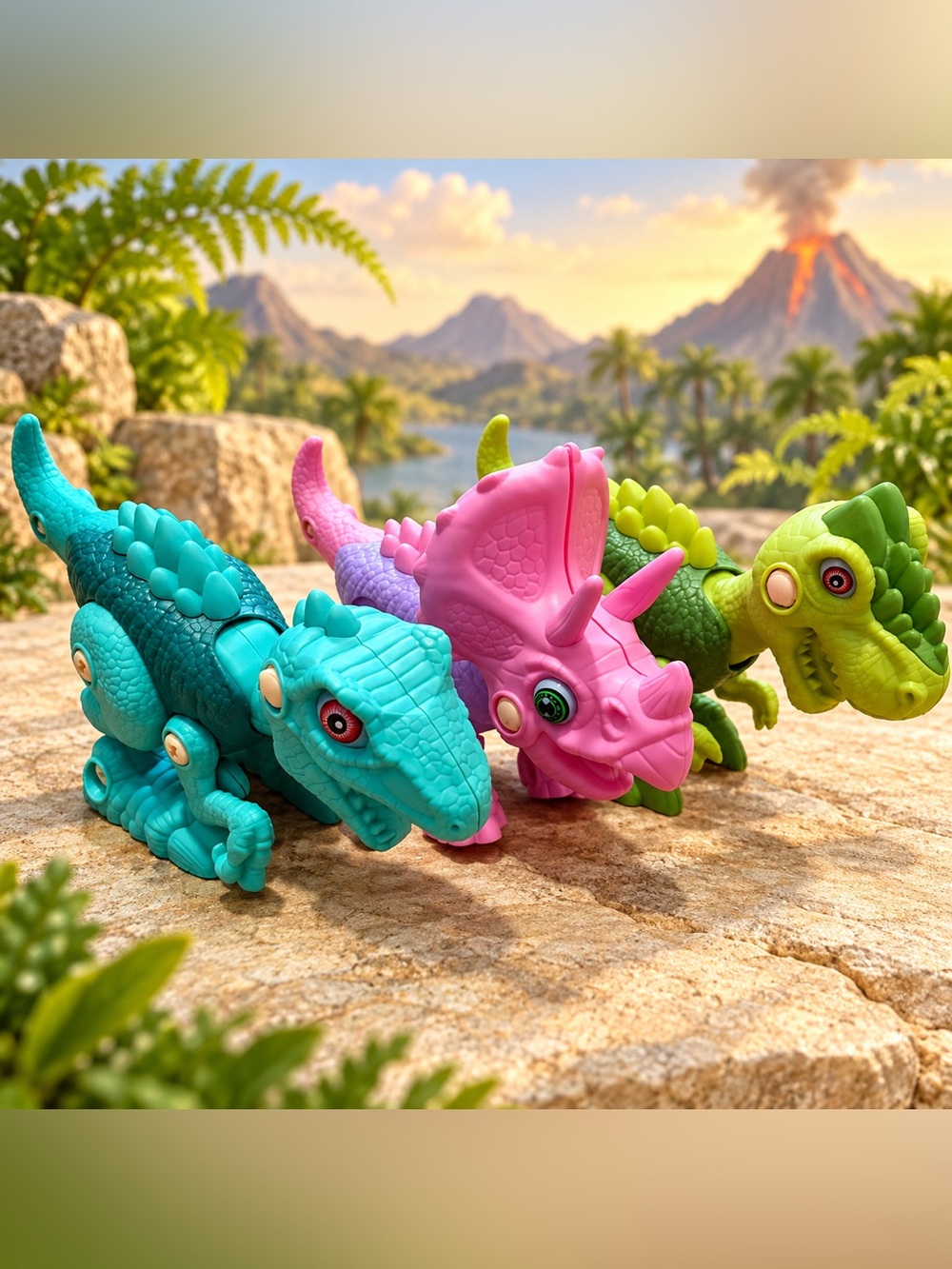 Free To Fly Colorful Push-and-Go Dinosaur Trio Toy Set - Teal, Pink, Green
